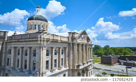 Aerial View of Neoclassical Courthouse Dome in Huntington Indiana 117082429