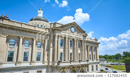 Aerial View of Neoclassical Courthouse with Dome and Clock in Huntington Indiana 117082435