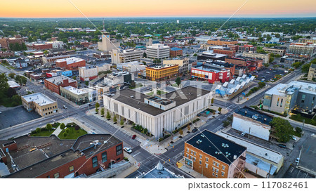 Delaware County Court Administration building in downtown Muncie Indiana aerial at dawn 117082461