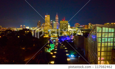 Aerial Indianapolis Night Cityscape with Illuminated Skyscrapers and River Aerial Indianapolis Night Cityscape with Illuminated Skyscrapers and River 117082462