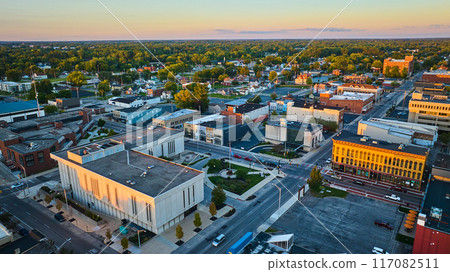Courthouse and office buildings downtown Muncie aerial at sunset, IN Courthouse and office buildings downtown Muncie aerial at sunset, IN 117082511