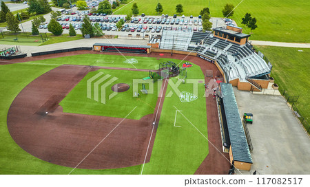 Players practicing at First Merchants Ballpark baseball diamond with black sand aerial, Muncie, IN Players practicing at First Merchants Ballpark baseball diamond with black sand aerial, Muncie, IN 117082517