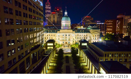 Aerial Night View of Indianapolis Courthouse and Skyscrapers 117082519