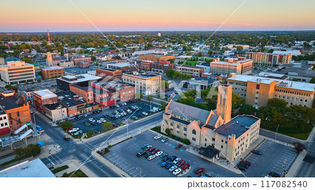 High Street United Methodist Church at sunset aerial Midwest downtown of city, Muncie, IN aerial High Street United Methodist Church at sunset aerial Midwest downtown of city, Muncie, IN aerial 117082540