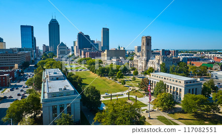Aerial View of Indianapolis Skyline with Historic Cathedral and Park 117082551