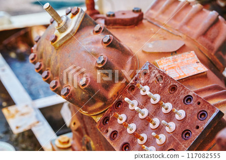 Rusty Industrial Machinery Detail, Corrosion and Maintenance, Eye-Level View 117082555
