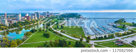 Aerial Milwaukee Marina at Dawn with Urban Skyline and Park Panorama Aerial Milwaukee Marina at Dawn with Urban Skyline and Park Panorama 117082560