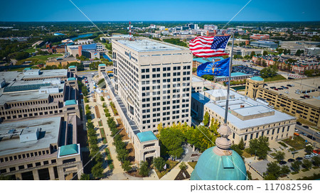 Aerial View of Indianapolis Government Building with Flags 117082596