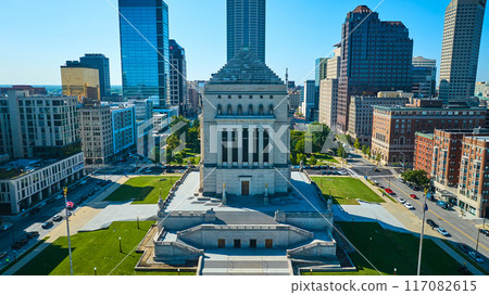 Aerial View of Indiana War Memorial in Bustling Indianapolis Cityscape 117082615