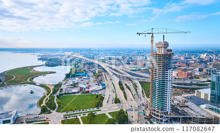 Aerial View of Urban Construction and Highway in Milwaukee 117082647