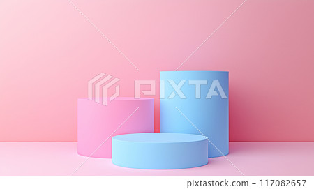 AI-generated 3D rendering of a simple podium with pink and blue as the main colors 117082657