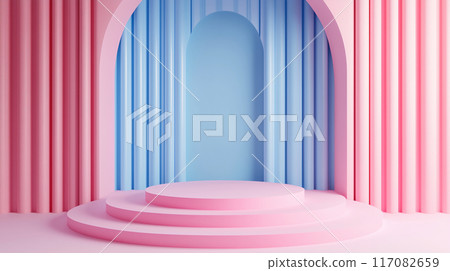 AI-generated 3D rendering of a simple podium with pink and blue as the main colors AI-generated 3D rendering of a simple podium with pink and blue as the main colors 117082659
