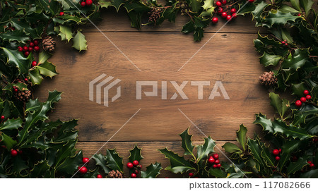 AI-generated realistic frame of holly leaves and berries on a wooden table for Christmas concept 117082666