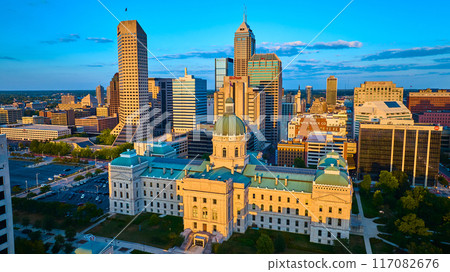 Aerial Golden Hour View of Indianapolis Skyline and Courthouse Aerial Golden Hour View of Indianapolis Skyline and Courthouse 117082676