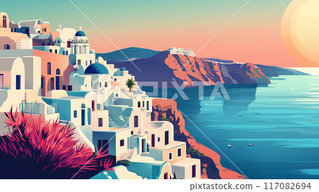向量插畫風格的 AI 生成圖像描繪了美麗的希臘聖托里尼小鎮和愛琴海，帶有復古氣息。 117082694