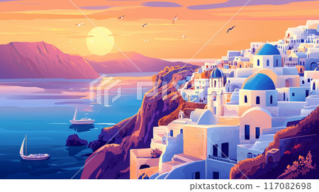 向量插畫風格的人工智慧生成圖像描繪了美麗的聖托里尼小鎮和愛琴海的日落,帶有復古的氣息。 向量插畫風格的人工智慧生成圖像描繪了美麗的聖托里尼小鎮和愛琴海的日落,帶有復古的氣息。 117082698