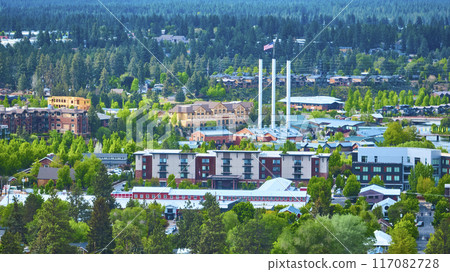 Aerial View of Suburban Community with Industrial Smokestacks Aerial View of Suburban Community with Industrial Smokestacks 117082728