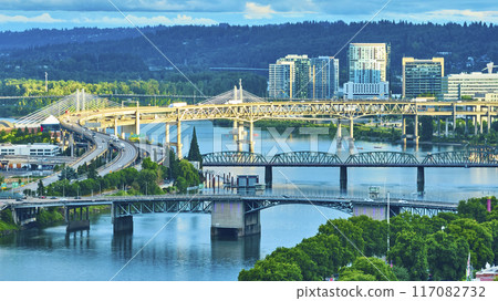 Aerial View of Portland Bridges Over River at Dusk 117082732
