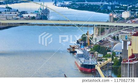 Aerial View of Portland Industrial River Scene with Cargo Ship and Bridge Aerial View of Portland Industrial River Scene with Cargo Ship and Bridge 117082736