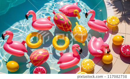 pool with trendy flamingo-shaped inflatable laps 117082738