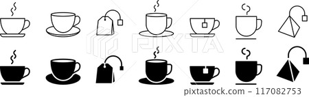 Hot drinks line and silhouette icon set 117082753