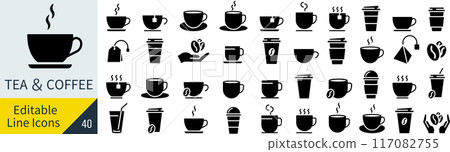Coffee and tea silhouette icon set 117082755