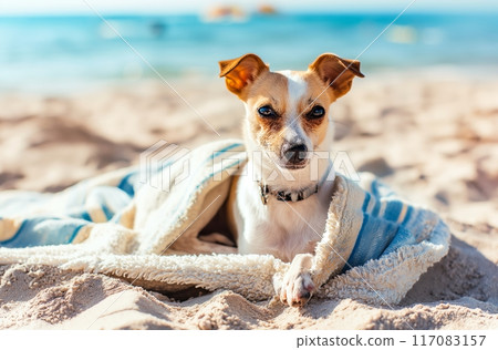 Small dog wrapped in blanket on beach 117083157