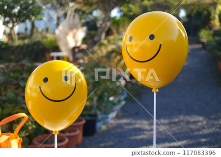 Two yellow balloons with smiley faces on the background of the garden 117083396