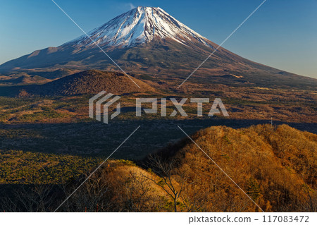 Mount Fuji at dusk as seen from Lake Shojiko Panorama Platform Mount Fuji at dusk as seen from Lake Shojiko Panorama Platform 117083472