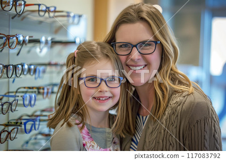 The girl is wearing glasses and the mother is smiling at the camera 117083792