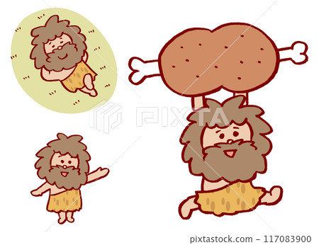 Cute primitive man character material eating a large piece of meat 117083900