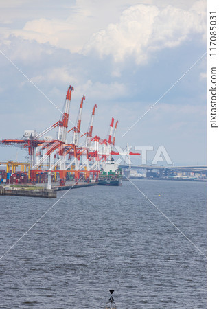 Gantry cranes at a container terminal in the Port of Osaka seen from the sea 117085031