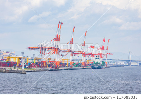 Gantry cranes at a container terminal in the Port of Osaka seen from the sea 117085033