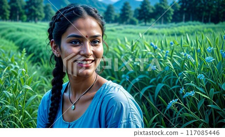 portrait of a young beautiful Indian girl smiling on a blurred background of a green field. High quality photo. AI-GENERATED  117085446