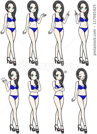 A woman in a blue swimsuit with eight different expressions 117085825