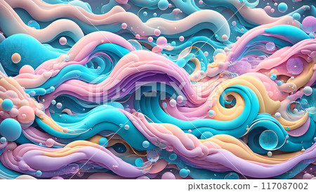 Dreamy, colorful waves with floating bubbles background shadow 3d wallpaper 117087002