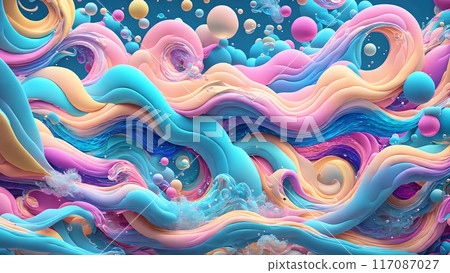 Dreamy, colorful waves with floating bubbles background shadow 3d wallpaper 117087027