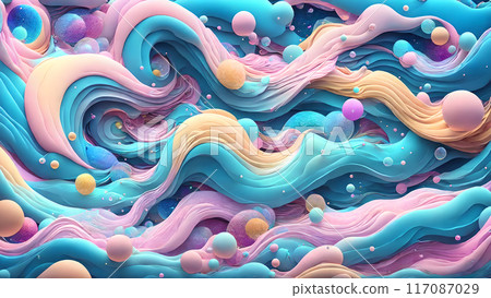 Dreamy, colorful waves with floating bubbles background shadow 3d wallpaper Dreamy, colorful waves with floating bubbles background shadow 3d wallpaper 117087029