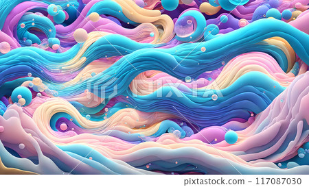 Dreamy, colorful waves with floating bubbles background shadow 3d wallpaper Dreamy, colorful waves with floating bubbles background shadow 3d wallpaper 117087030