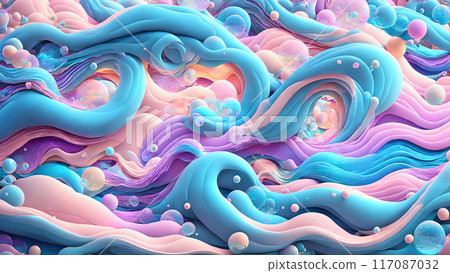 Dreamy, colorful waves with floating bubbles background shadow 3d wallpaper 117087032