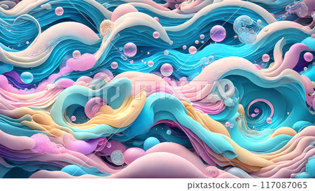 Dreamy, colorful waves with floating bubbles background shadow 3d wallpaper Dreamy, colorful waves with floating bubbles background shadow 3d wallpaper 117087065