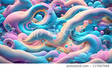 Dreamy, colorful waves with floating bubbles background shadow 3d wallpaper Dreamy, colorful waves with floating bubbles background shadow 3d wallpaper 117087066