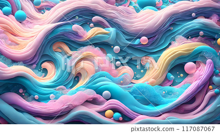 Dreamy, colorful waves with floating bubbles background shadow 3d wallpaper Dreamy, colorful waves with floating bubbles background shadow 3d wallpaper 117087067