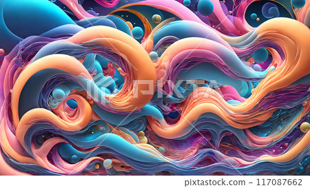 Harmonious flow of colorful waves and bubbles background shadow 3d wallpaper 117087662