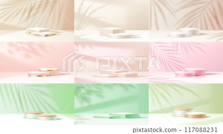 Empty podiums with palm leaves shadows vector illustrations 117088231