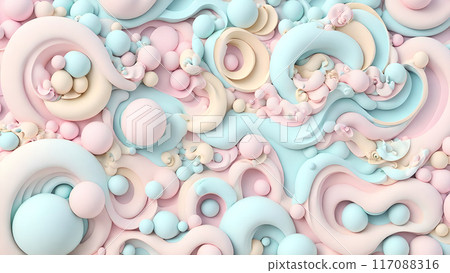 Pastel colored 3D waves creating optical illusions with bubbles 117088316