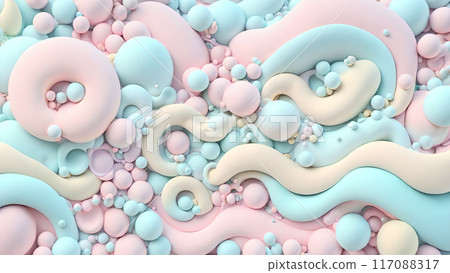 Pastel colored 3D waves creating optical illusions with bubbles 117088317