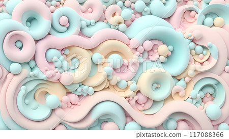 Pastel colored 3D waves creating optical illusions with bubbles 117088366