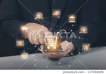 Use phone with fashion online shopping, delivery, online shopping concept. Shopper using a smartphone with shopping cart and business icon, Online shopping and e-commerce technology internet concept. 117088806