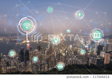 icons of wifi, internet, communication, travel, computers, and other kinds of technology for smart city conceptual, Hong Kong City, and networking concepts. 117088818